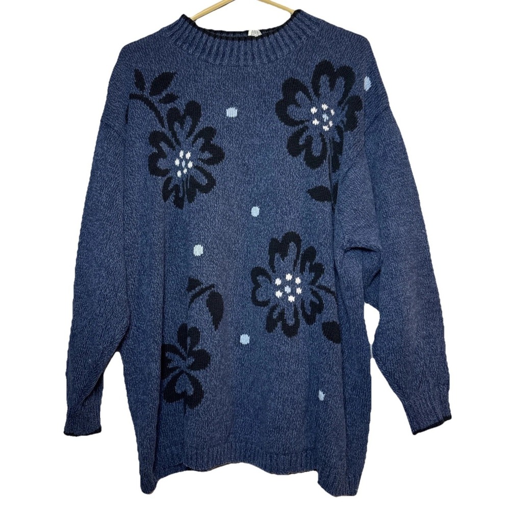 Vintage Elisabeth Liz Claiborne Womens 3‎ Blue Floral Ramie Cotton Sweater Plus